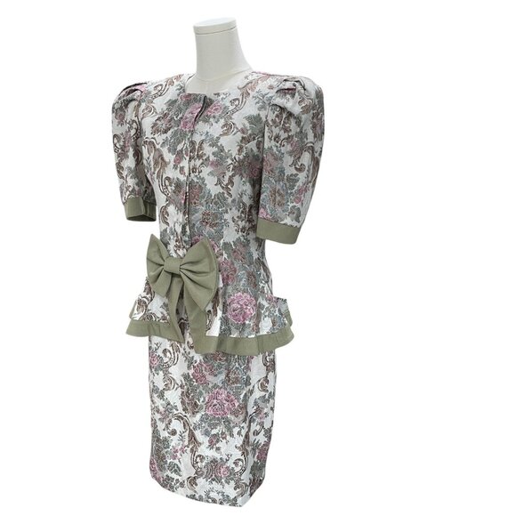 Vintage SL Fashions Floral Brocade Dress Set Puff Sleeve Peplum Bow Size 7/8 USA - Picture 6 of 14